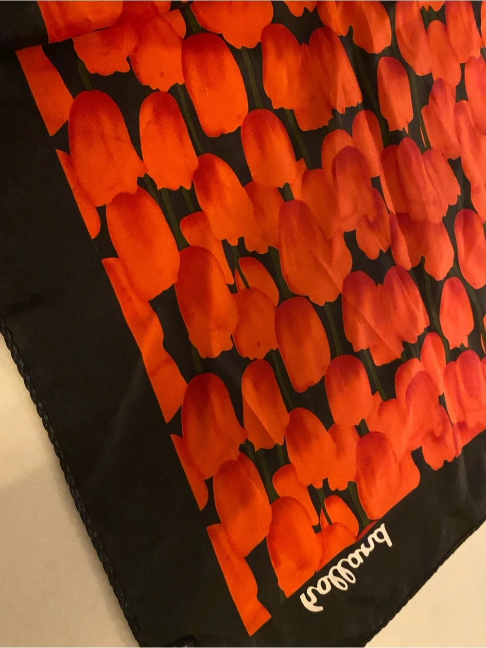 Robin Ruth Vintage Holland Floral Scarf Vibrant Red Tulip Print Black Border